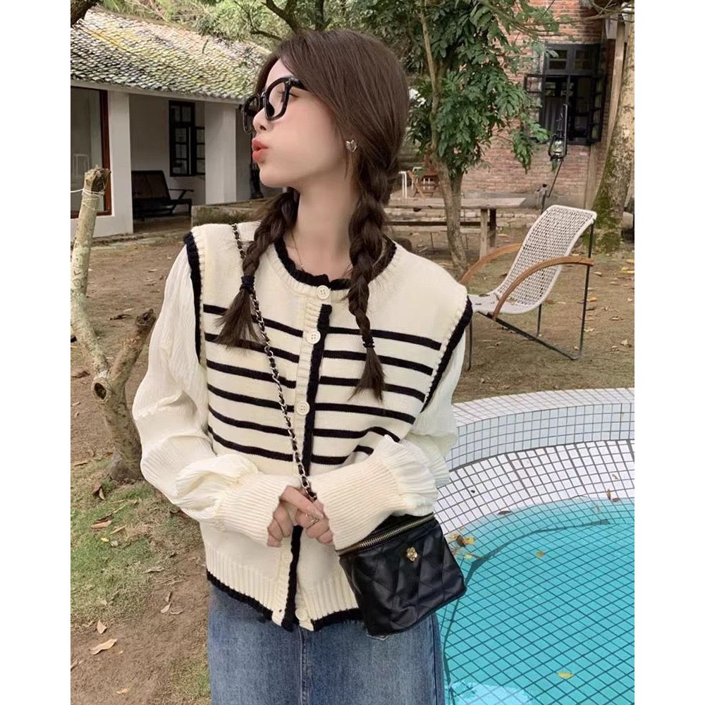 Elizabethgrosir1 Cardigan Rajut Sweater Korean Santai Round Neck Setrip Baju Panjang Knitwear Wanita