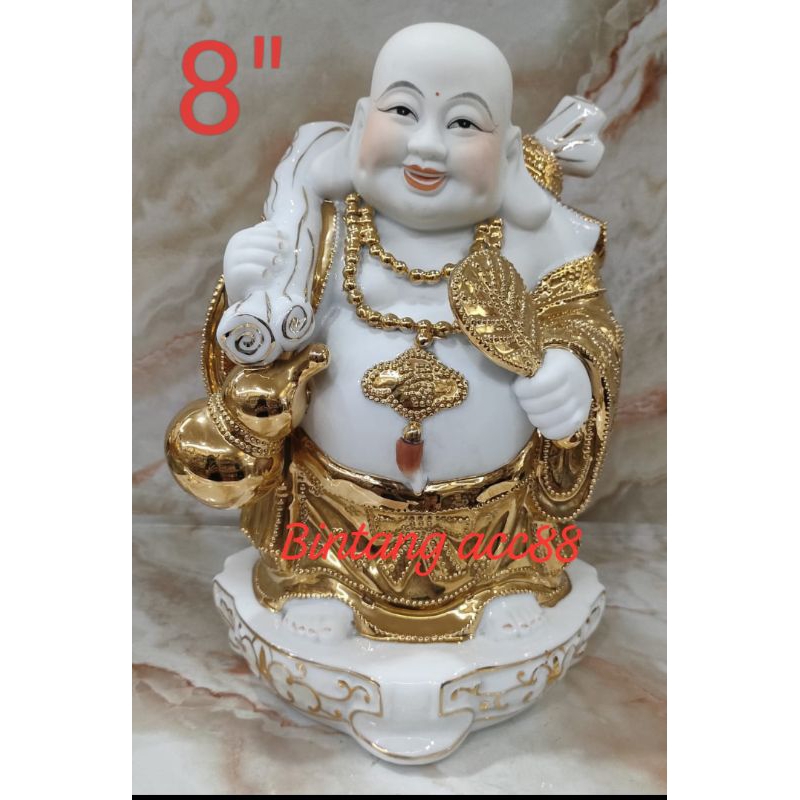 patung buddha maitreya milefo - 8inch - keramik - emas