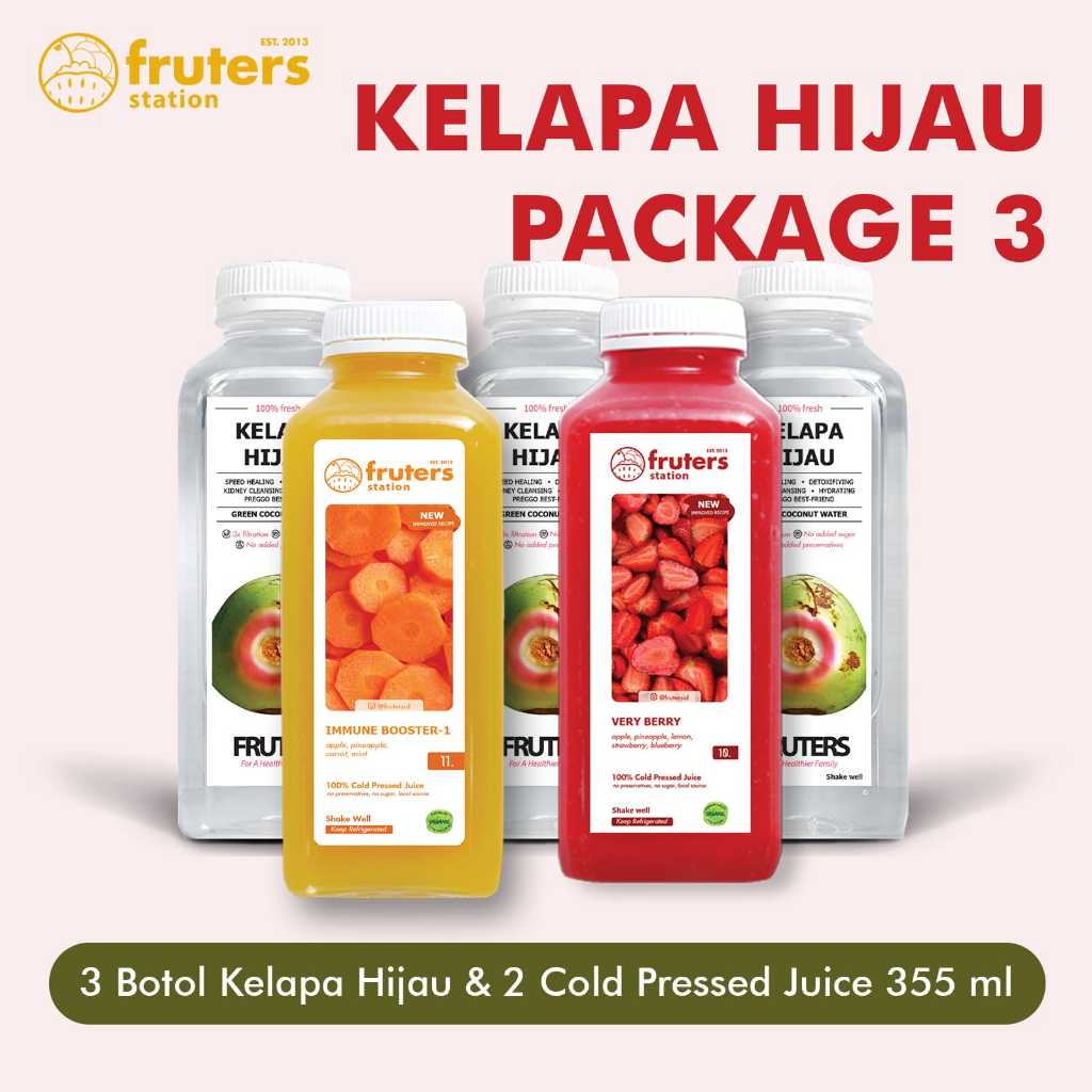 

Kelapa Hijau Mix Package 3 100% Asli 5 Botol 355 ML Fruters Station Surabaya