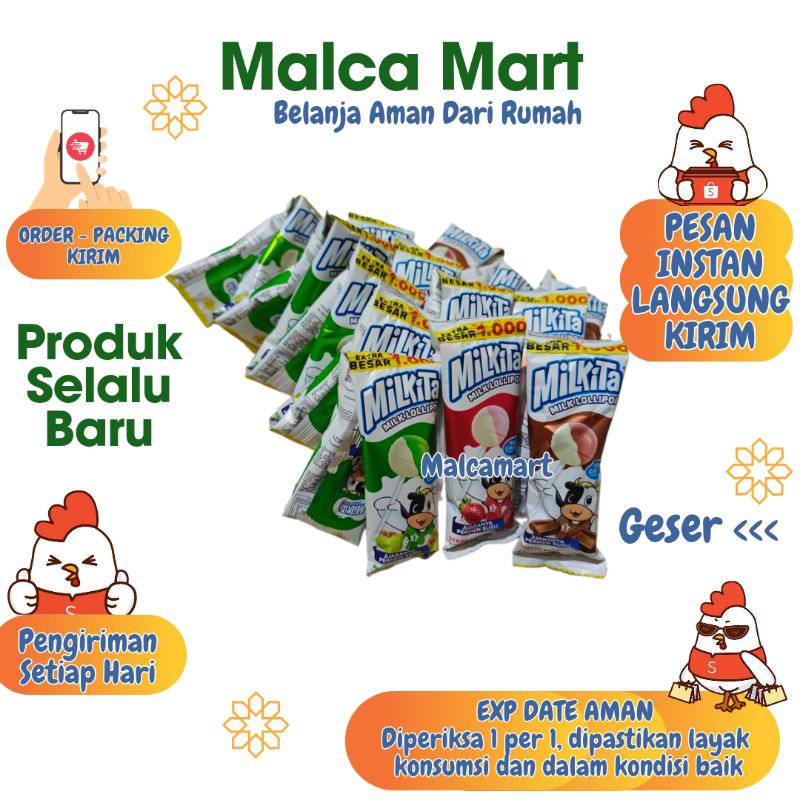 

PERMEN MILKITA MILK LOLIPOP. COKELAT / STRAWBERRY / MELON 10 pcs @9 gram