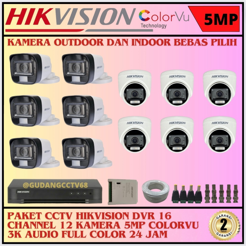 Paket CCTV HIKVISION 16 Channel 12 Camera HIKVISION 5MP Colorvu 3K Full Colour AUDIO SERIES Komplit