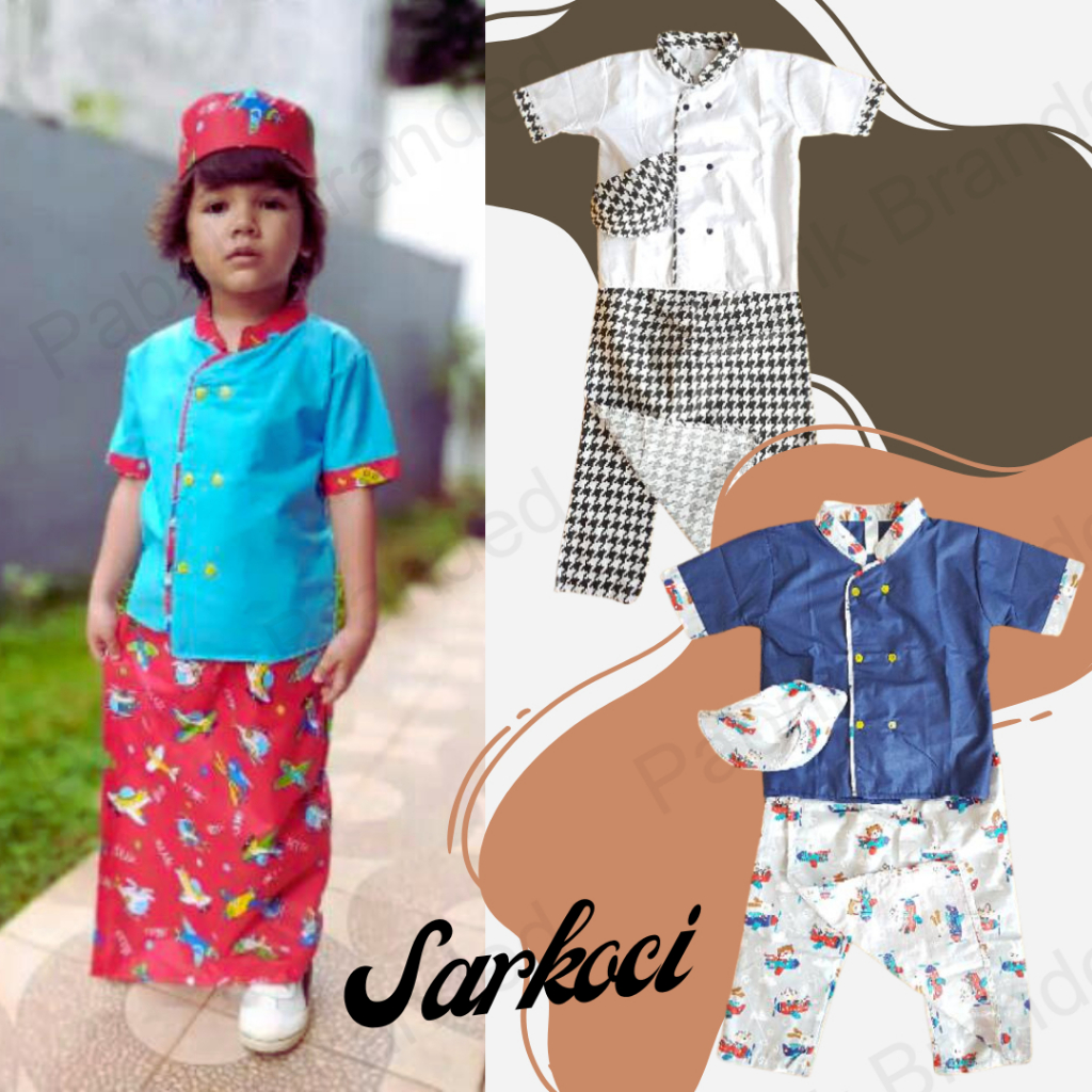 Pabrik branded Sarkoci anak laki laki sarung koko peci XS M 5 6 7 years tahun kids setelan baju musl