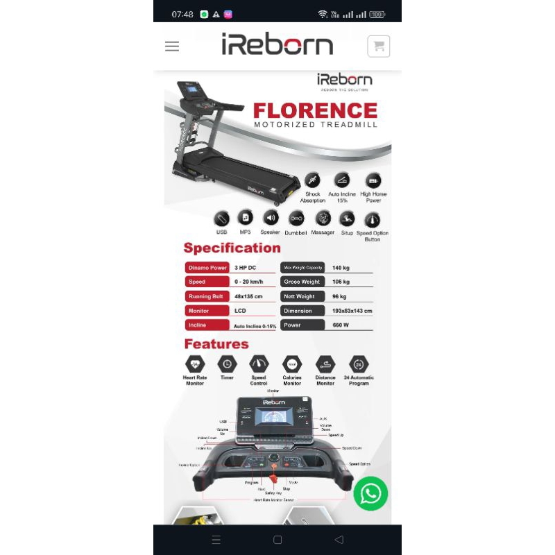 Dijual Treadmill Bekas IReborn Florence mesin 3HP Kondisi kinyis kinyis