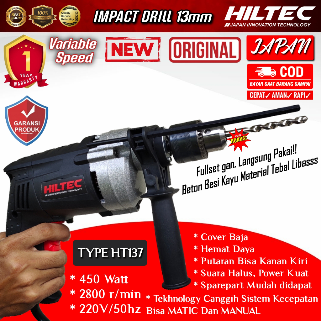 Mesin Bor Listrik Electric Drill Impact HILTEC HT137 13mm Mode Palu untuk Bobok Beton KUAT dan TANGG