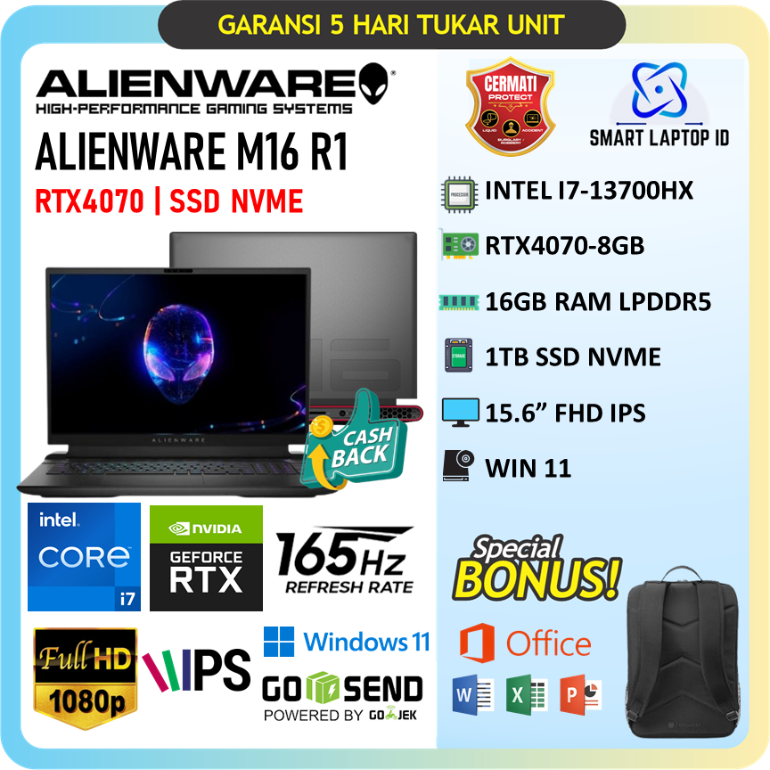 Laptop Baru Dell Alienware M16 R1 I7 13700 Rtx4070 8GB/ Ram 16GB 1TB Windows11 16.0Fhd Ips