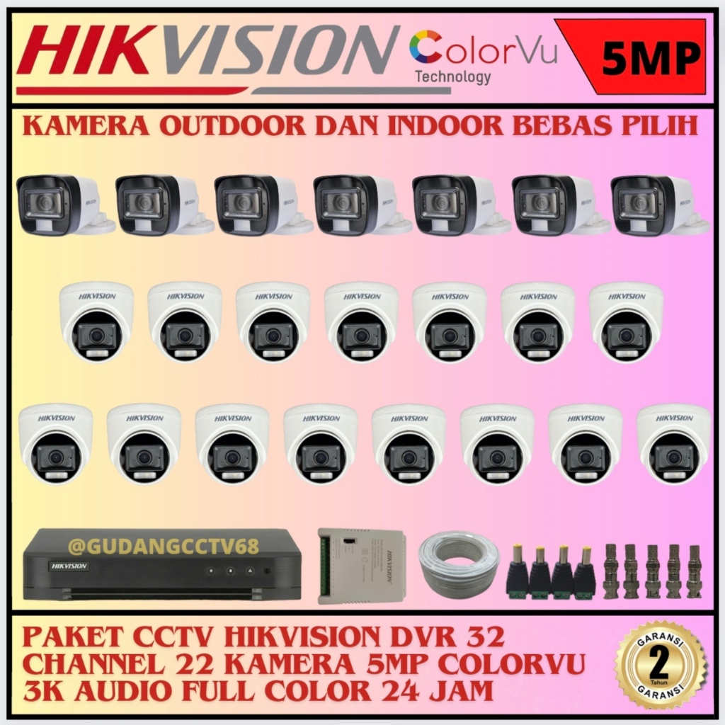 PAKET CCTV HIKVISION DVR 32 CHANNEL 22 CAMERA HIKVISION 5MP FULL COLOUR 3K COLORVU AUDIO SERIES