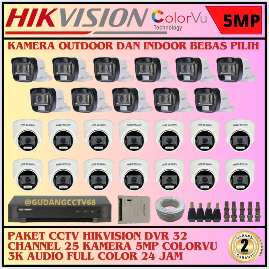 PAKET CCTV HIKVISION DVR 32 CHANNEL 25 CAMERA HIKVISION 5MP FULL COLOUR 3K COLORVU AUDIO SERIES