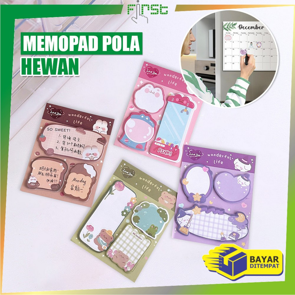 

FH-A89 Sticky Note 3 IN 1 Motif Kartun Bear Cat Kertas Memo Kombinasi Pola Hewan Lucu / Tempelan Kertas Catatan Pembatas Buku 60 Lembar Memopad