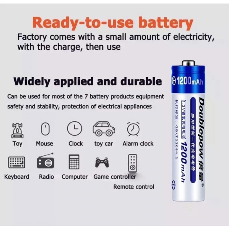 Doublepow Baterai Battery Batery Cas Recharge Baterai AA 1200 mAh ( 2 Pcs )