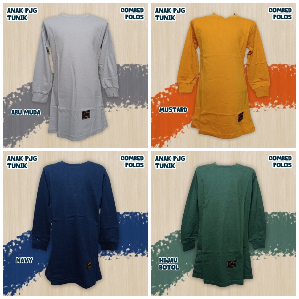S-XXL Kaos Anak Tunik Polos Oblong Bahan Cotton Combed/Abu Muda/Mustard/Navy/Hijau Botol