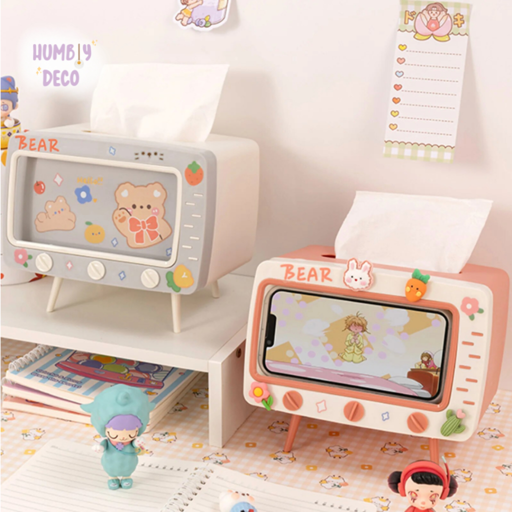 Humbly Deco - Korean Minimalist Retro Vintage TV Tissue Box and Phone Stand Holder | Kotak Penyimpan