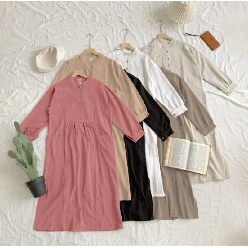 [OTULILI] AZARIA MIDI DRESS LD 110 | GAMIS POLOS LINEN KOREAN STYLE POLOS | BASIC DRESS OUTFIT HIJAB