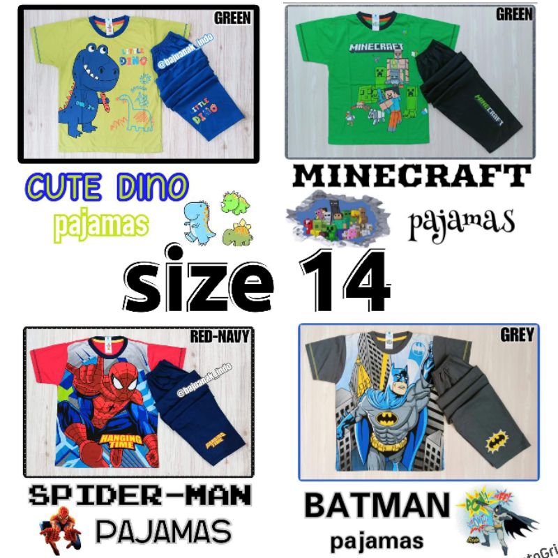 Piyama lengan pendek size 14 berat anak 40-45 kg remaja laki Jumbo Besar Rocket Dino Batman Spiderma