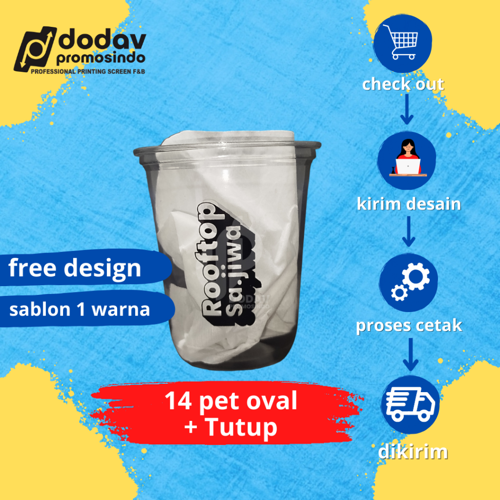 Sablon Cup 14oz Oval PET + Tutup Strawless | Cup 14 oval PET | Cup tebal 14 oval PET