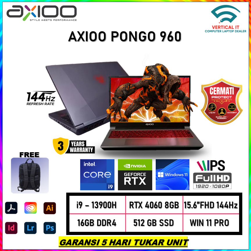 Laptop Axioo PONGO 960 RTX4060 8GB i9 13900H RAM 16GB SSD 512GB W11PRO 15.6FULL HD IPS 144HZ RGB GRY