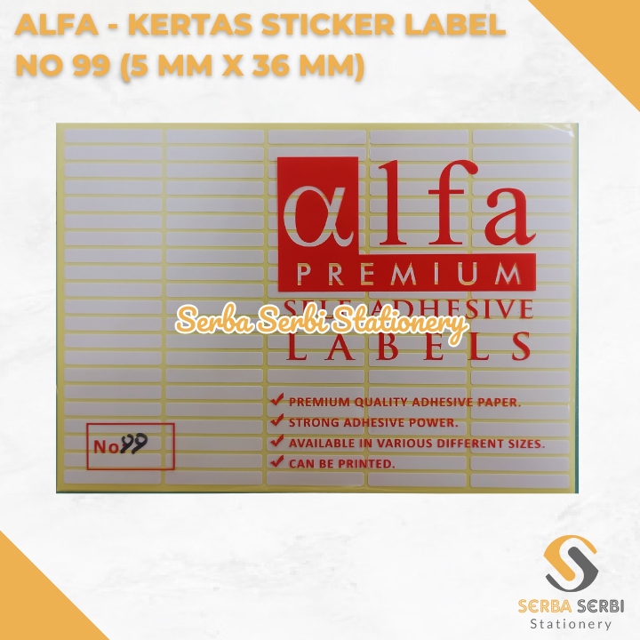 

GROSIR (1 PAK ISI 7 LEMBAR) ALFA - KERTAS STICKER / STIKER LABEL HARGA / NAMA / UNDANGAN NO 99 (5 MM X 36 MM)