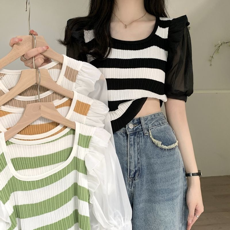 [CLAIRE] Bold Stripe Knit Top Kaos Atasan Rajut Wanita Knitwear Kasual U-Neck Lengan Pendek Puffy Sl