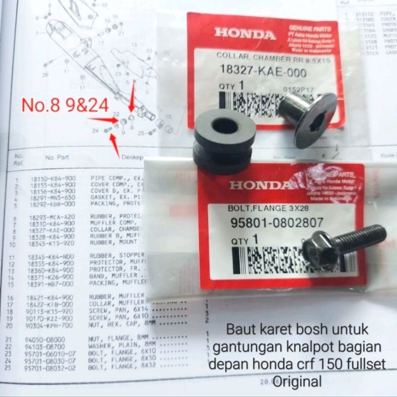 BAUT KARET DAN BOSH UNTUK GANTUNGAN KNALPOT MOTOR HONDA CRF 150 BAGIAN DEPAN FULL SET ORIGINAL TERLA