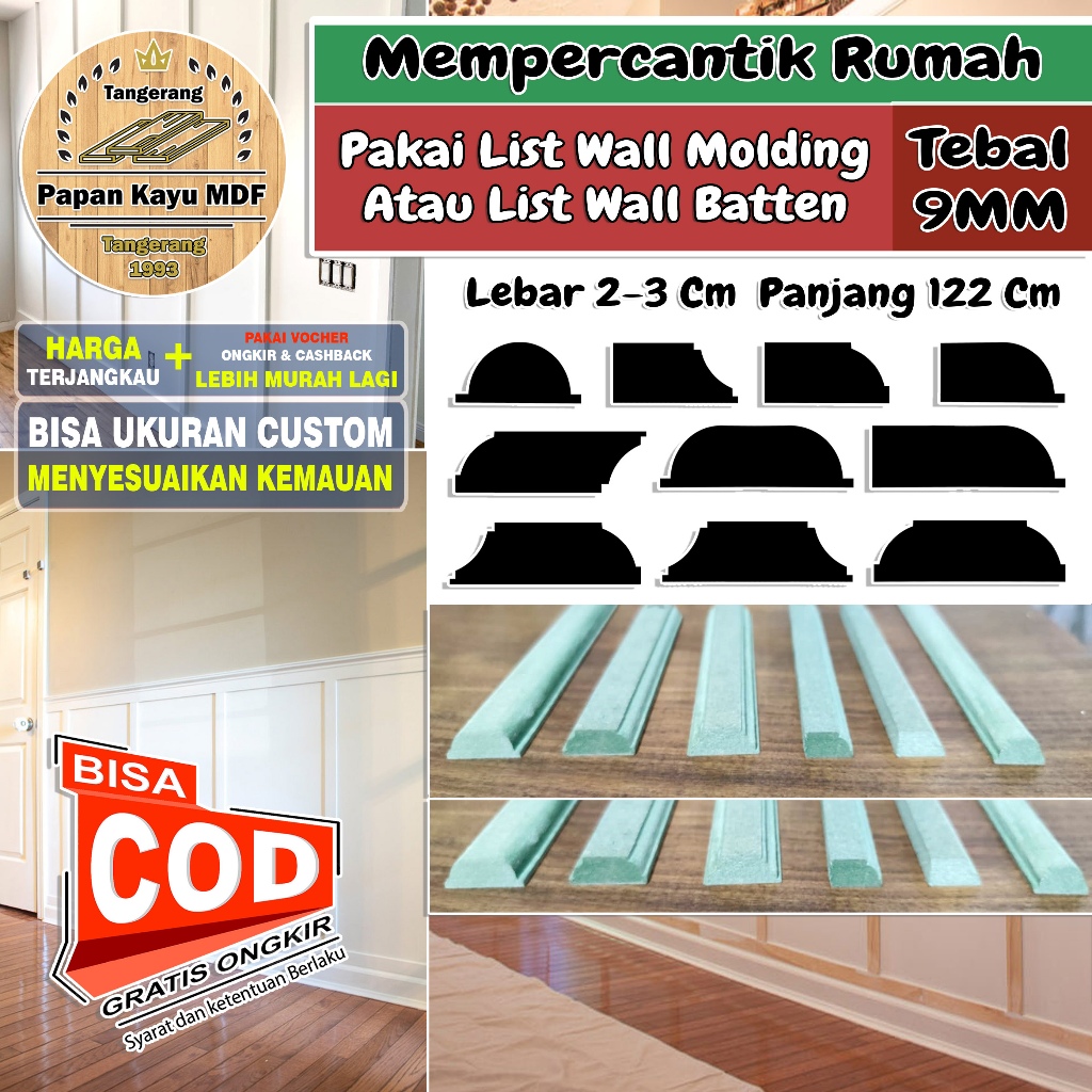 List Profile Kayu HMR Tebal 9MM Lebar 2-3Cm Lis Wall Molding Batten Panel Dinding Moulding Aesthetic