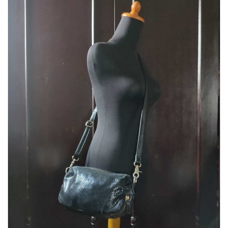 Slingbag/Tas Selempang Kecil Kulit Sapi Asli Mix Snake Skin Black Preloved/second