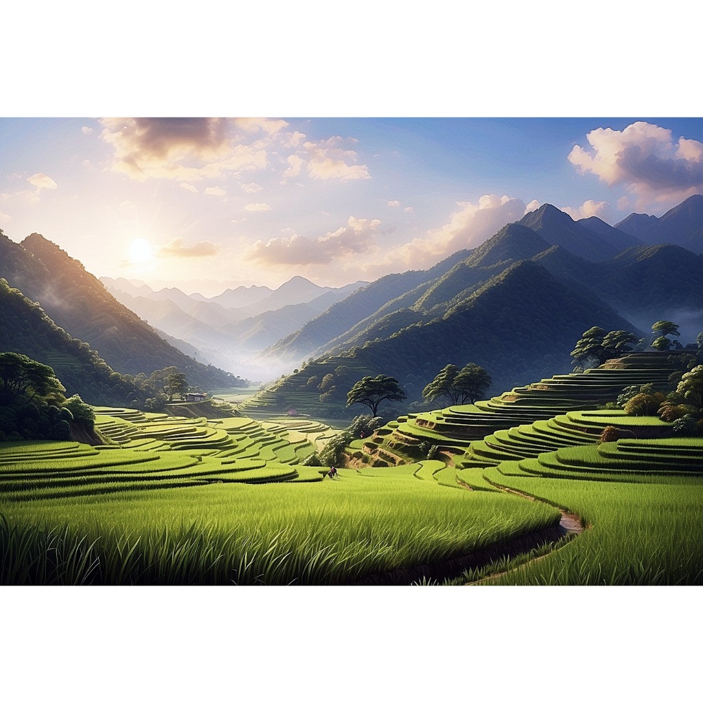 Istimewa Lukisan Pemandangan Alam dengan Sawah, Gunung, dan Terasering yang Sangat Indah