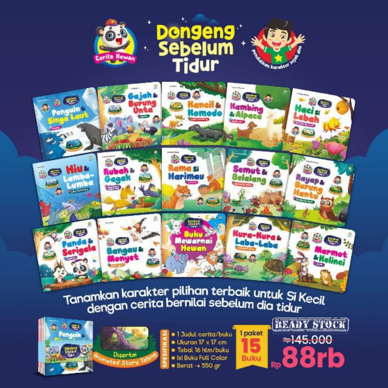 Buku Anak Dongeng Sebelum Tidur Cerita Hewan dan Buku Mewarnai Bonus Video Animasi Buku Fabel Karakt