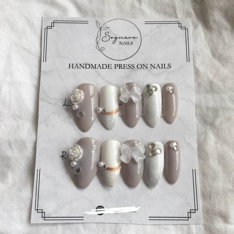 Fake Nails press on nails white grey wedding custom