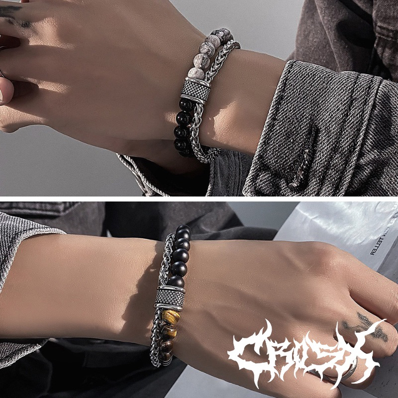 REB BRACELET / GELANG BATU ALAM GIOK MARBLE OVAL BULAT RANTAI HITAM SILVER / DOUBLE LAYER CHAIN BRAC