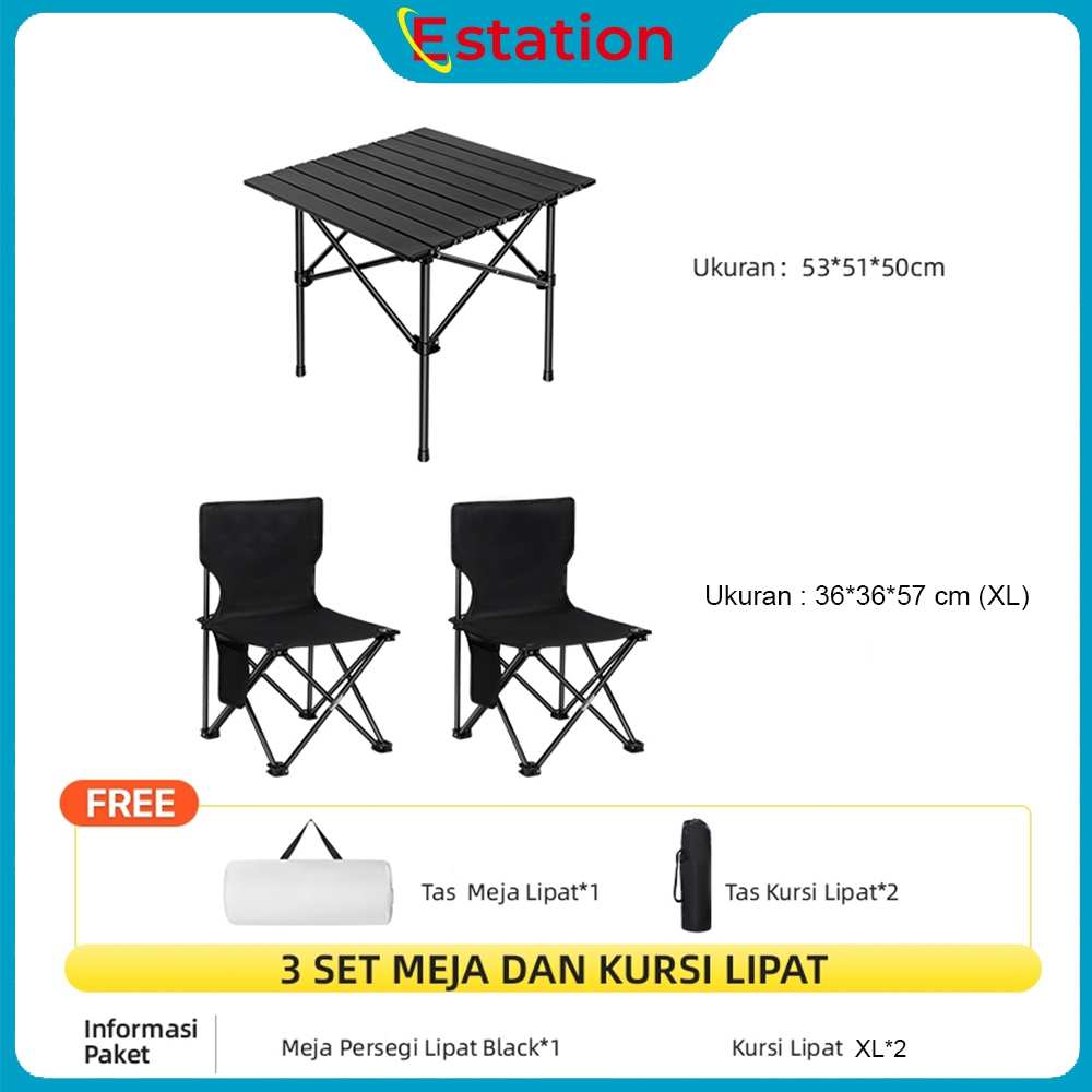 Estation - Meja Lipat Persegi Dan Kursi *2pcs Full Set / Meja Lipat Outdoor Kursi Lipat Camping Fold