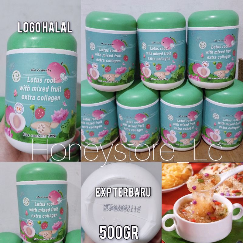 

Bubuk Lotus Akar teratai Peach Strawberry Full Mix Buah 500g/Toples (LOGO HALAL)