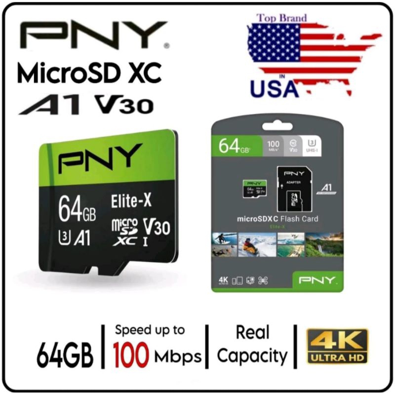microSD 64GB XC U3 V30 PNY Elite-x 100Mb/s 100% Original