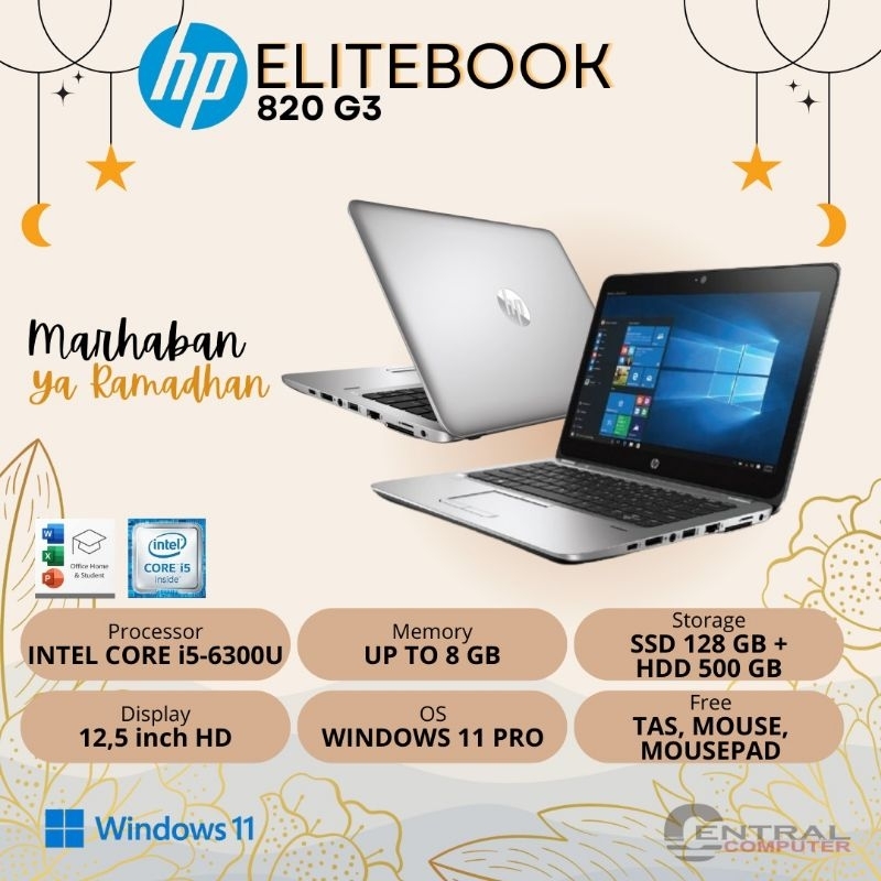 HP ELITEBOOK 820 G3 | INTEL CORE I5-6300U | UP TO 8 GB | SSD 128 GB + HDD 500 GB | Windows 11 PRO