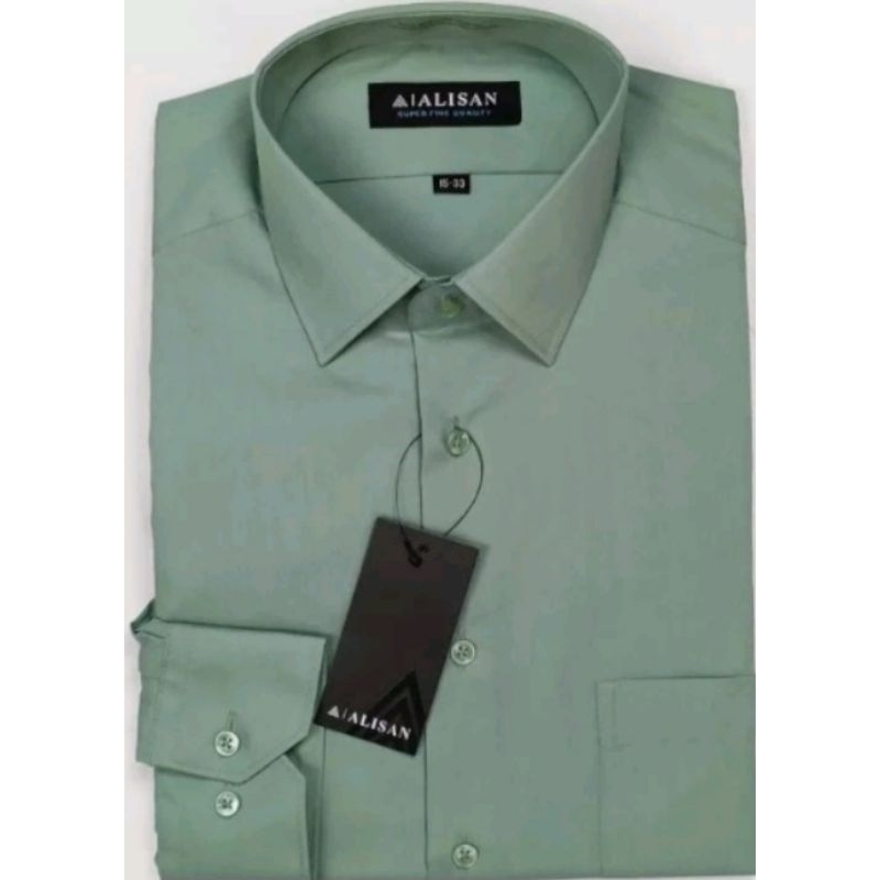 Alisan Kemeja Polos Lengan Panjang Reguler Hijau Sage.
