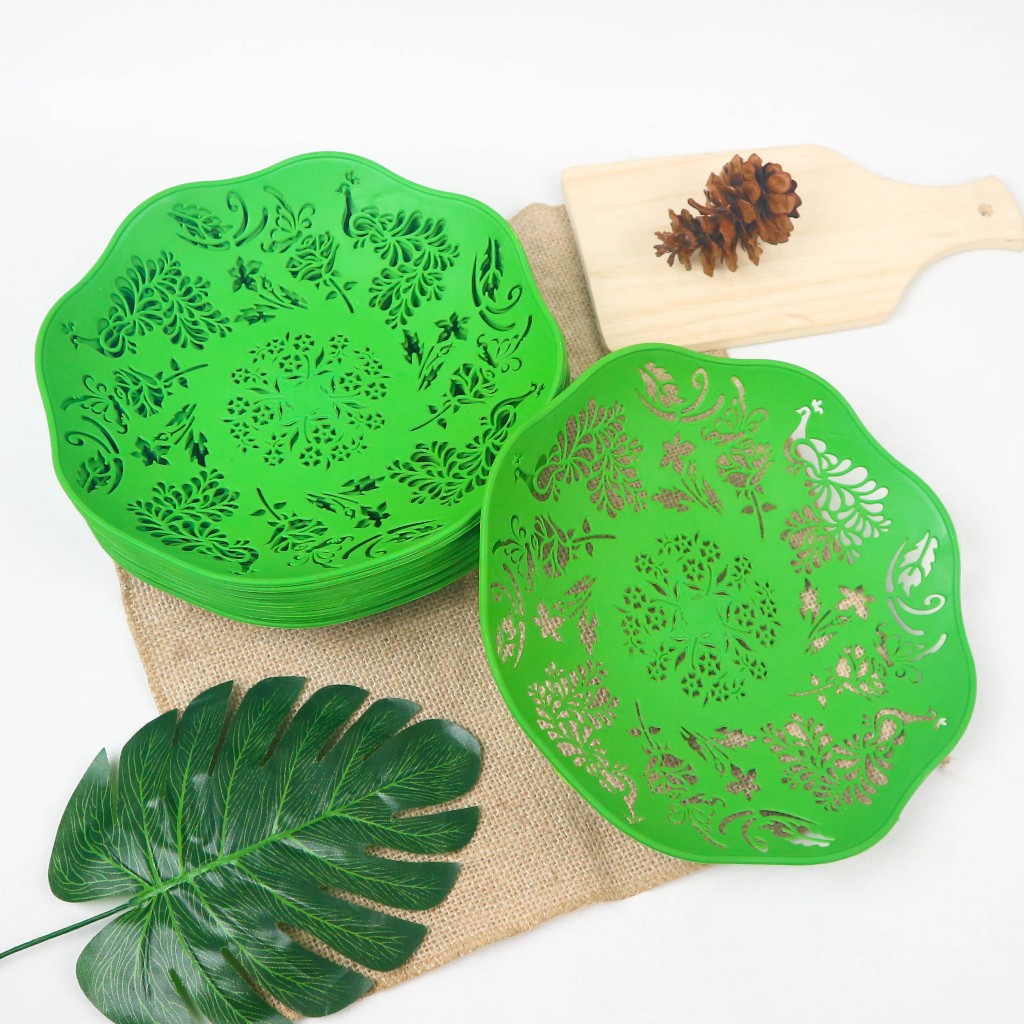 (Promo Live) Piring Rotan Plastik Buah Anyaman Motif Bunga 21 cm - isi 12 pcs / Piring Hajatan Pirin