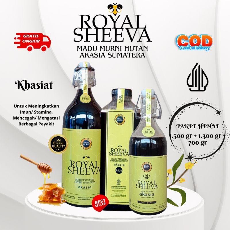 

Madu Murni Royal Sheeva 100 % Madu Asli Premium dari Hutan Akasia Sumatera paket bundle 700 gr + 1.300 gr + 1.500 gr lulus uji lab halal mui