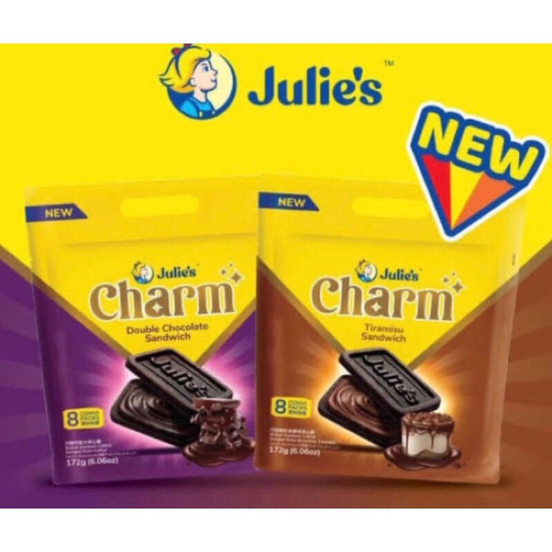 

[NEW] Julie’s Charm Sandwich Biscuit Tiramisu Sandwich | Double Chocolate Sandwich - Biskuit Sandwich Cokelat 172g (8pack @21.5g)