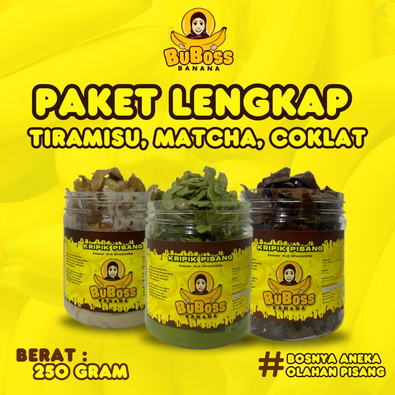 

Paket Lengkap Kripik Pisang Lumer Krispy 250 Gram BuBoss Banana