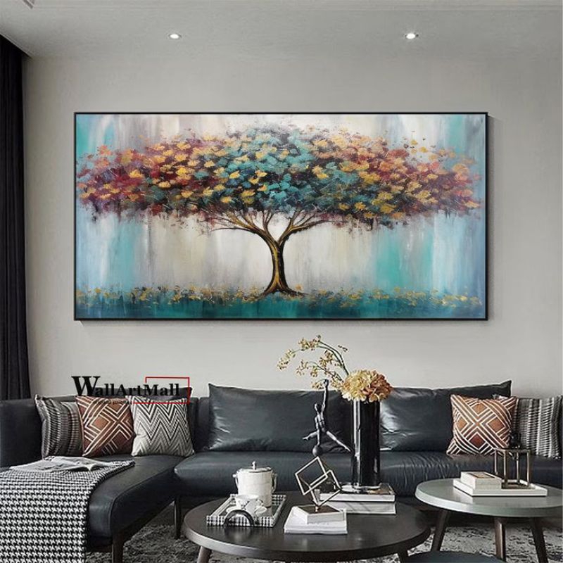 Hiasan Dinding Aesthetic Lukisan Abstrak Landscape Poho gold,,Green and Blue Painting Art,.Rekomende