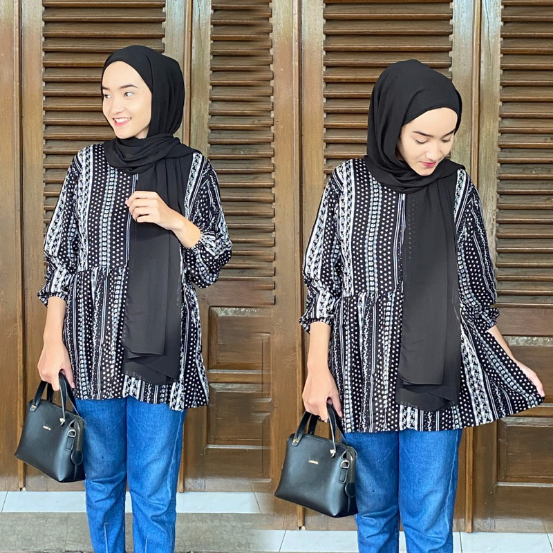 Blouse Jumbo Wanita Baju Atasan Bigsize hitam Motif Bunga
