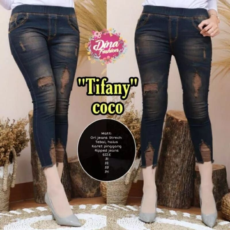 celana jeans wanita jumbo sobek rawis / jeans cewek pinggang full karet stretch