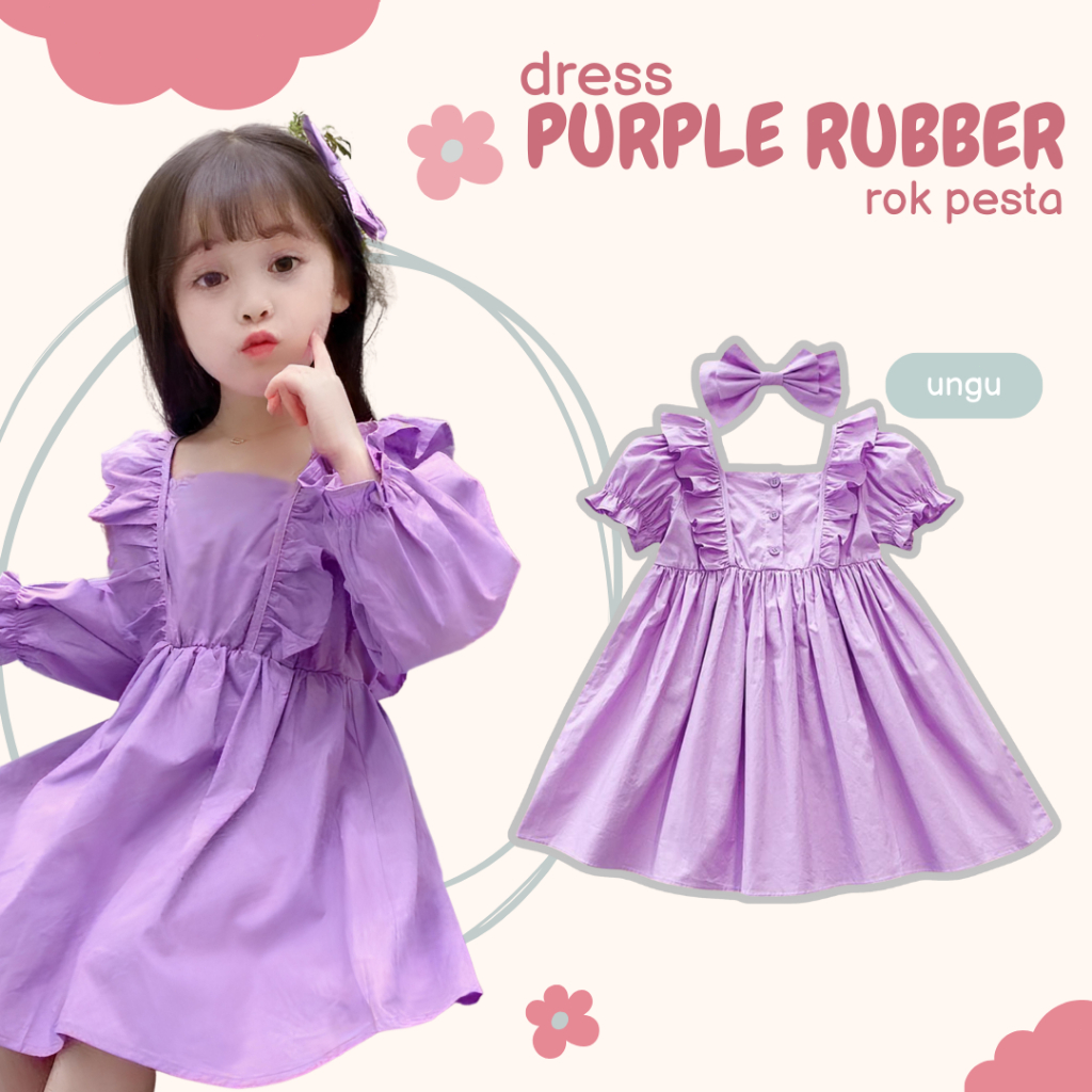 Funtastees Baby 1-9 Tahun Dress Purple Pita Anak Prempuan Rubber Korean Fashion Baju Bayi Rok Pesta Kids Bahan Katun Warna Ungu