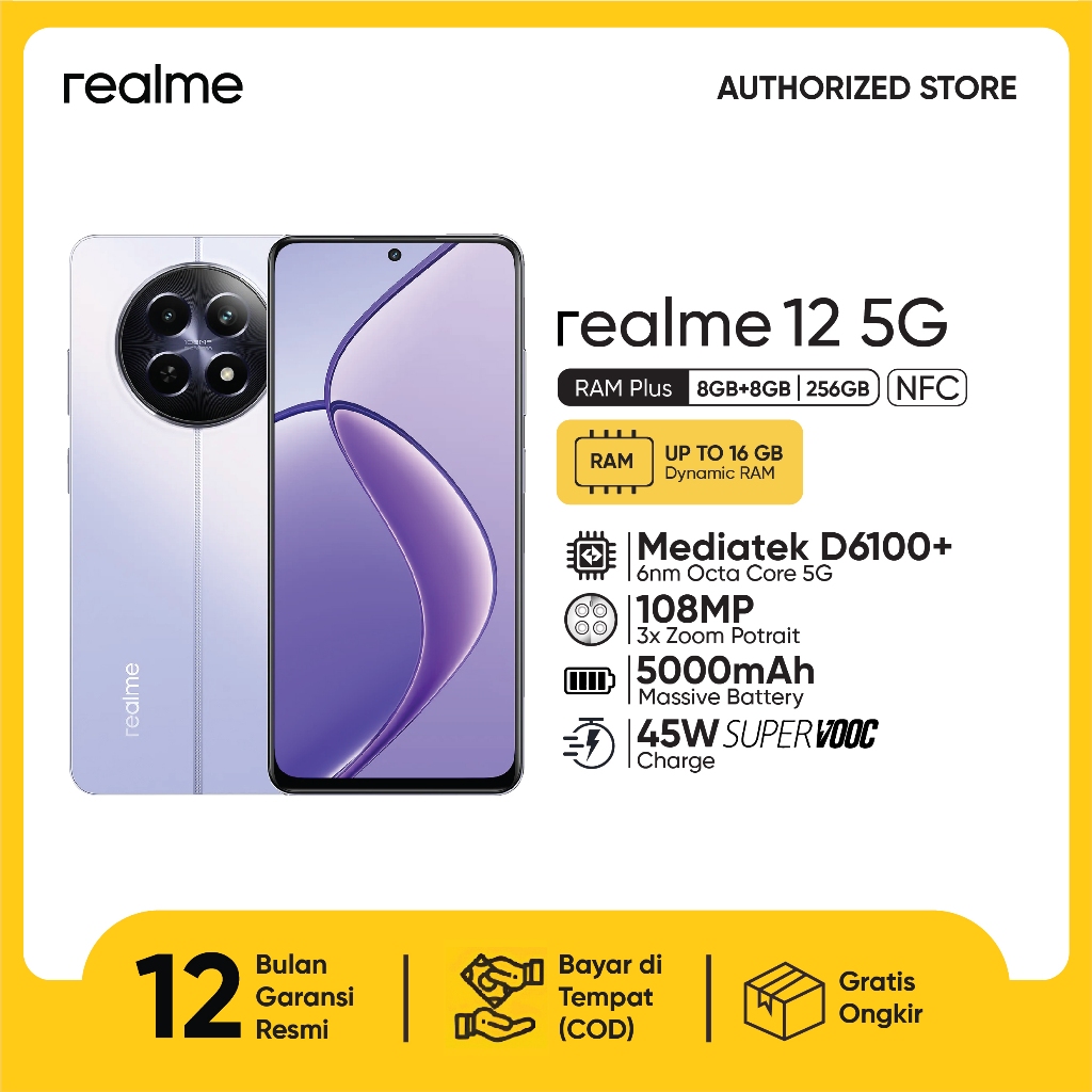 realme 12 5G 8GB+8GB*|256GB 108MP Camera 6.72 FHD+ LCD | 5G 6nm Process Chipset | 108MP 3X Zoom Portrait Camera | 45W SUPERVOOC Charge-3