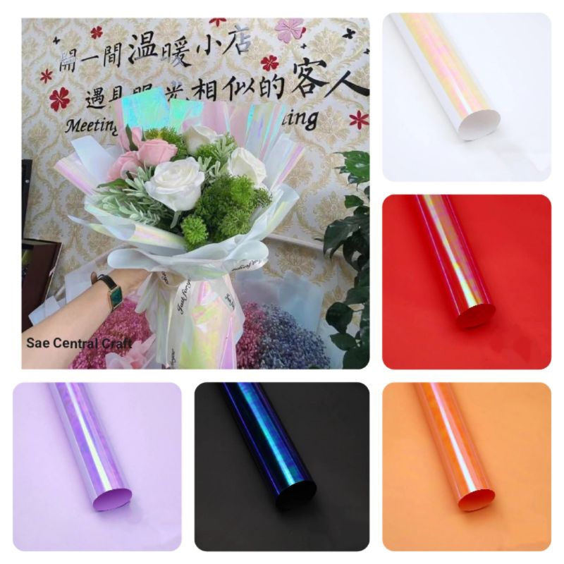1 Lembar Kertas Buket Pelangi Waterproof - 5 Lembar Flower Wrapping Hologram Kertas Buket Pelangi Ho