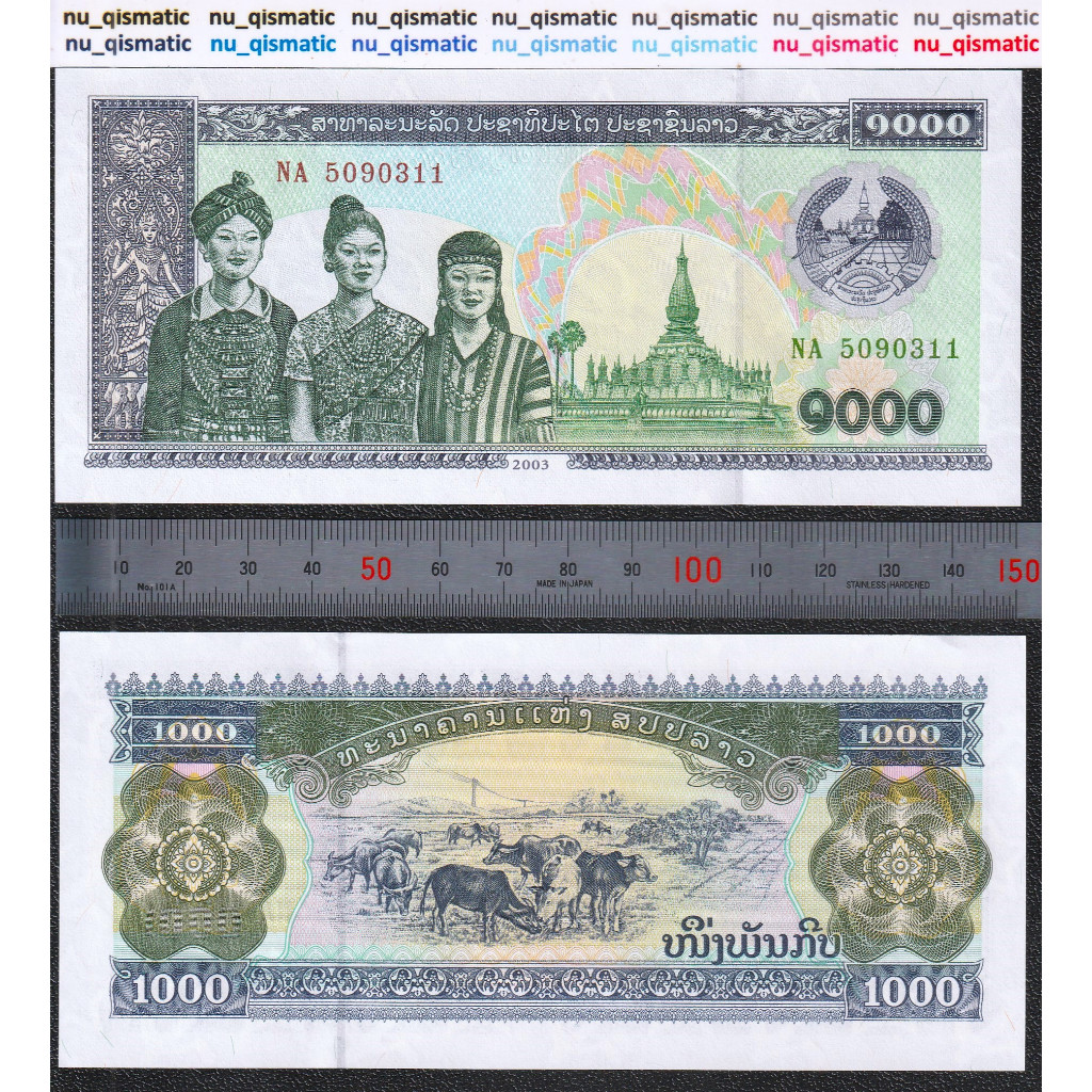 Uang Laos 1000 Kip , 2003 , UNC Baru Super Gress P# 32A, ud