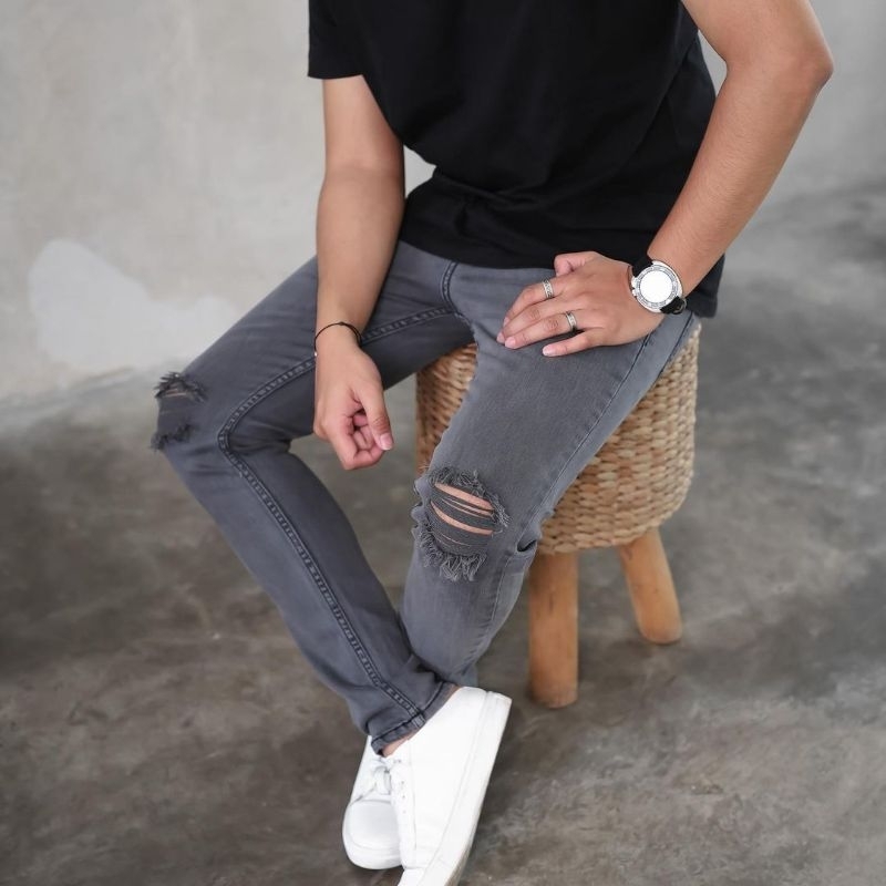 celana jeans sobek pria abu