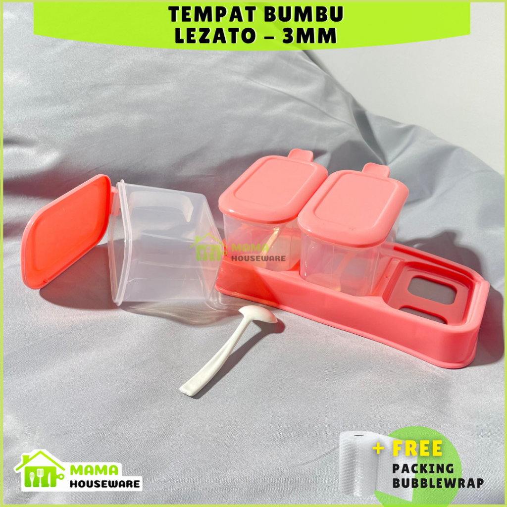 Tempat Bumbu Lezato Isi 3 Dengan Sendok / Tempat Bumbu Plastik Kotak Dapur / Toples Bumbu