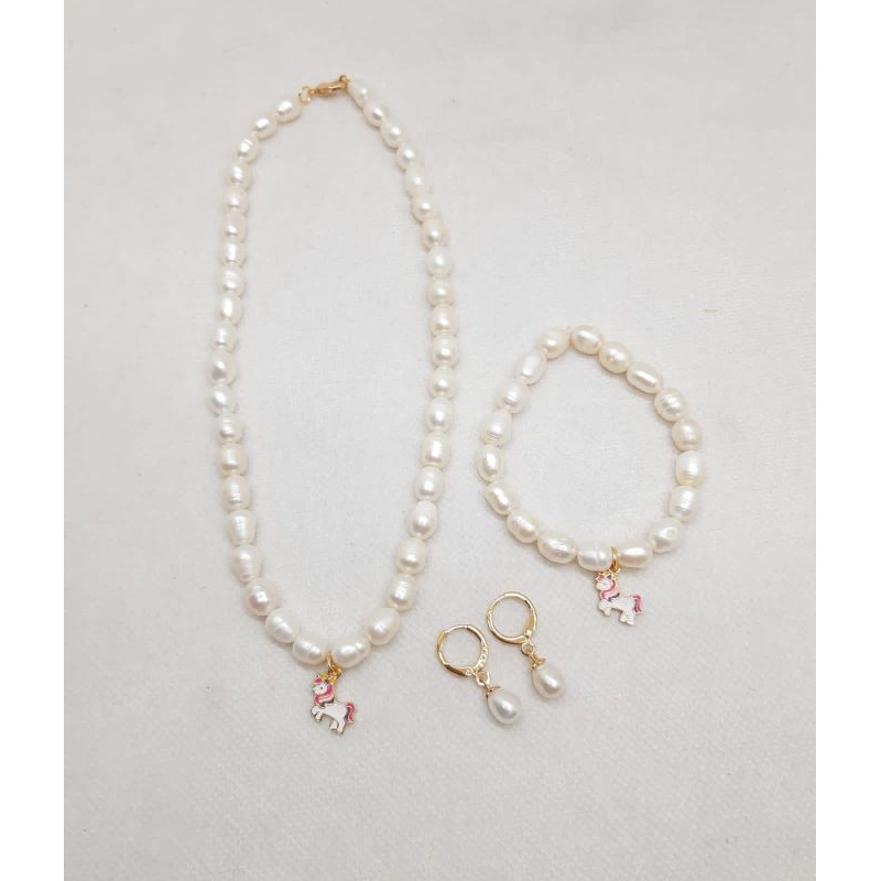 S27 PERHIASAN SET KALUNG GELANG CINCIN ALL SIZE ANAK FULL MUTIARA LOMBOK ALAMI RHODIUM