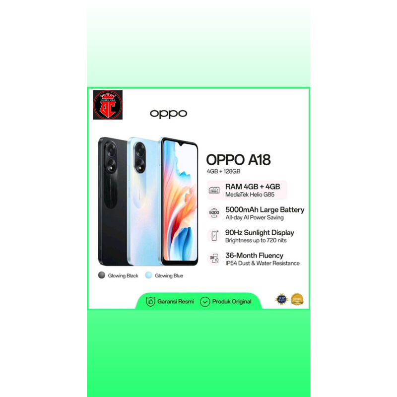 Terbaru OPPO A18 RAM 4+4/128 GB - GARANSI RESMI 1 tahun