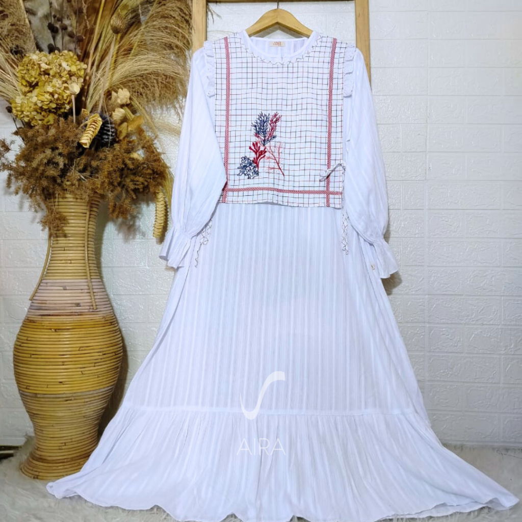 DRESS LINEN KOREAN STYLE MIDI DRESS PUTIH BORDIR