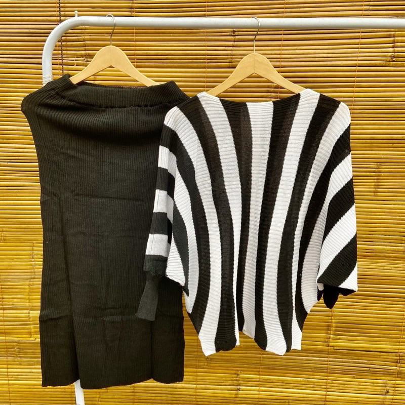ONE SET JUMBO RAJUT / PAKAIAN SETELAN WANITA TANGAN PANJANG MOTIF GARIS  / SETELAN RAJUT KELALAWAR /